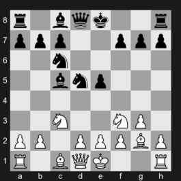 A29 - 1. c4 e5 2. Nc3 Nf6 3. Nf3 Nc6 4. g3 d5 5. cxd5 Nxd5 6. Bg2 Bc5 - English Opening: King's English Variation, Four Knights Variation, Fianchetto Line, with Bc5