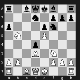 D49 - 1. d4 d5 2. c4 c6 3. Nc3 Nf6 4. e3 e6 5. Nf3 Nbd7 6. Bd3 dxc4 7. Bxc4 b5 8. Bd3 a6 9. e4 c5 10. e5 cxd4 11. Nxb5 - Semi-Slav Defense: Meran Variation, Blumenfeld Variation