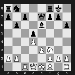 D59l - 1. d4 d5 2. c4 e6 3. Nc3 Be7 4. Nf3 Nf6 5. Bg5 h6 6. Bh4 O-O 7. e3 b6 8. cxd5 Nxd5 9. Bxe7 Qxe7 10. Nxd5 exd5 11. Rc1 Be6 - Queen's Gambit Declined: Tartakower Defense