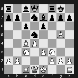 D67 - 1. d4 d5 2. c4 e6 3. Nc3 Nf6 4. Bg5 Be7 5. e3 O-O 6. Nf3 Nbd7 7. Rc1 c6 8. Bd3 dxc4 9. Bxc4 Nd5 - Queen's Gambit Declined: Orthodox Defense, Capablanca System