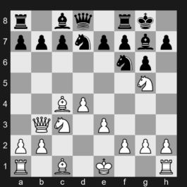 D95i - 1. d4 Nf6 2. c4 g6 3. Nc3 d5 4. e3 Bg7 5. Qb3 dxc4 6. Bxc4 O-O 7. Nf3 Nbd7 8. Ng5 - Grünfeld Defense: Pachman Variation