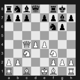 D97a - 1. d4 Nf6 2. c4 g6 3. Nc3 d5 4. Nf3 Bg7 5. Qb3 dxc4 6. Qxc4 O-O 7. e4 - Grünfeld Defense: Russian Variation