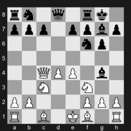 D98 - 1. d4 Nf6 2. c4 g6 3. Nc3 d5 4. Nf3 Bg7 5. Qb3 dxc4 6. Qxc4 O-O 7. e4 Bg4 - Grünfeld Defense: Russian Variation, Smyslov Variation