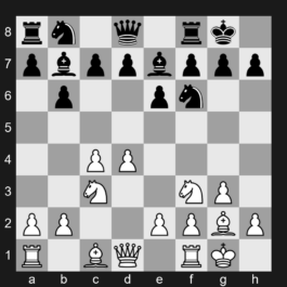 E18a - 1. d4 Nf6 2. c4 e6 3. Nf3 b6 4. g3 Bb7 5. Bg2 Be7 6. O-O O-O 7. Nc3 - Queen's Indian Defense: Classical Variation, Traditional Variation