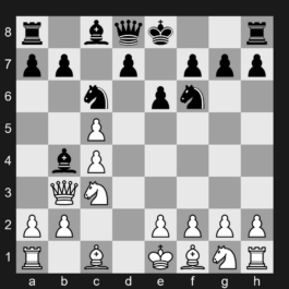 E23 - 1. d4 Nf6 2. c4 e6 3. Nc3 Bb4 4. Qb3 c5 5. dxc5 Nc6 - Nimzo-Indian Defense: Spielmann Variation, Romanovsky Gambit