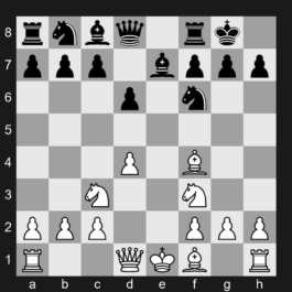 C42 - 1. e4 e5 2. Nf3 Nf6 3. Nxe5 d6 4. Nf3 Nxe4 5. Nc3 Nf6 6. d4 Be7 7. Bf4 O-O - Petrov's Defense: Nimzowitsch Attack
