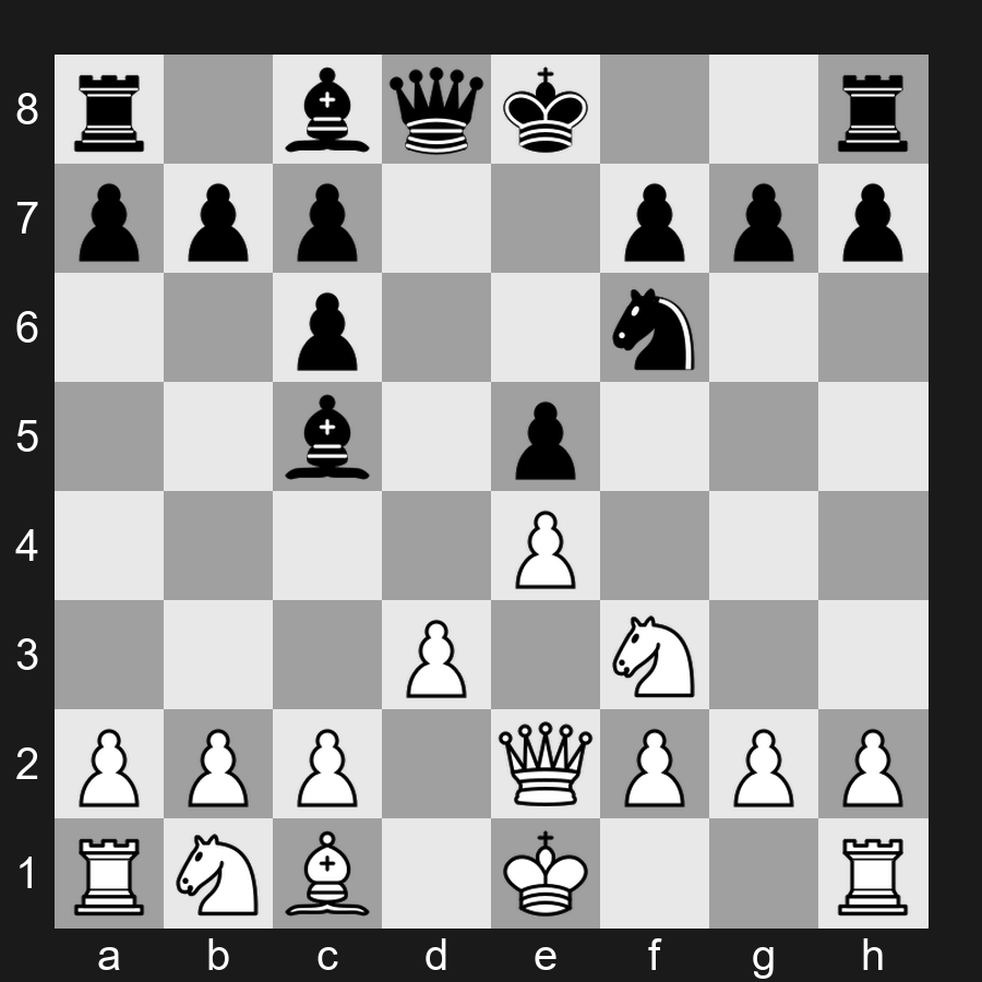 C65 - 1. e4 e5 2. Nf3 Nc6 3. Bb5 Nf6 4. d3 Bc5 5. Bxc6 dxc6 6. Qe2 - Ruy Lopez