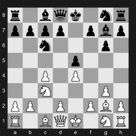 A25 - 1. c4 e5 2. g3 Nc6 3. Bg2 g6 4. Nc3 Bg7 5. e4 - English Opening: King's English Variation, Taimanov Variation