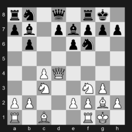 A30 - 1. c4 c5 2. Nf3 Nf6 3. Nc3 e6 4. g3 b6 5. Bg2 Bb7 6. O-O Be7 7. d4 cxd4 8. Qxd4 O-O - English Opening: Symmetrical Variation, Hedgehog Defense