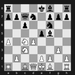 D17 - 1. d4 d5 2. c4 c6 3. Nf3 Nf6 4. Nc3 dxc4 5. a4 Bf5 6. Ne5 Nbd7 7. Nxc4 Qc7 8. g3 e5 - Slav Defense: Czech Variation, Carlsbad Variation