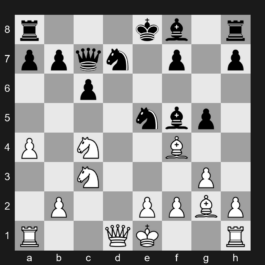 D17 - 1. d4 d5 2. c4 c6 3. Nf3 Nf6 4. Nc3 dxc4 5. a4 Bf5 6. Ne5 Nbd7 7. Nxc4 Qc7 8. g3 e5 9. dxe5 Nxe5 10. Bf4 Nfd7 11. Bg2 g5 - Slav Defense: Czech Variation, Carlsbad Variation, Morozevich Variation