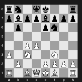 E12 - 1. d4 Nf6 2. c4 e6 3. Nf3 b6 4. a3 Bb7 5. Nc3 Be7 - Queen's Indian Defense: Kasparov-Petrosian Variation, Marco Defense