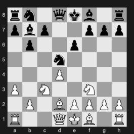 E12 - 1. d4 Nf6 2. c4 e6 3. Nf3 b6 4. a3 Bb7 5. Nc3 d5 6. cxd5 Nxd5 7. Bd2 - Queen's Indian Defense: Kasparov-Petrosian Variation, Romanishin Attack