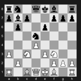 E12 - 1. d4 Nf6 2. c4 e6 3. Nf3 b6 4. a3 Bb7 5. Nc3 d5 6. cxd5 Nxd5 7. e3 - Queen's Indian Defense: Kasparov-Petrosian Variation, Petrosian Attack