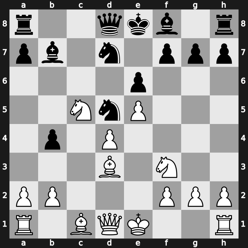 D47s - 7.Bxc4 b5 8.Bd3 Bb7 9.e4 b4 10.Na4 c5 11.e5 Nd5 12.Nxc5 - Meran Wade Main Line [-0.11]