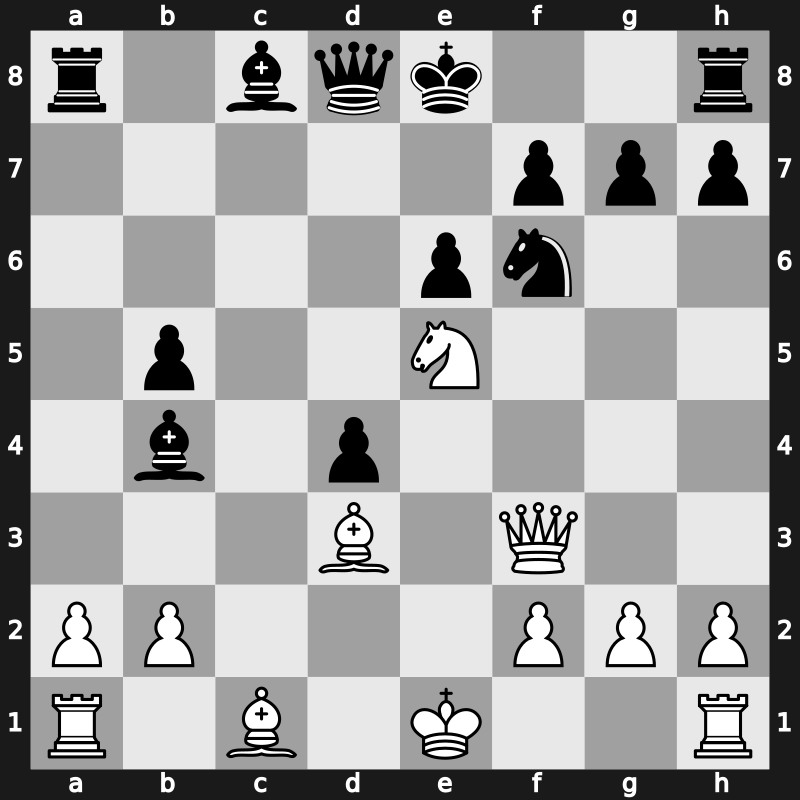 D49g - 11…Nxe5 12.Nxe5 axb5 13.Qf3 Bb4 - Meran Sozin Stahlberg Attack [+0.35]