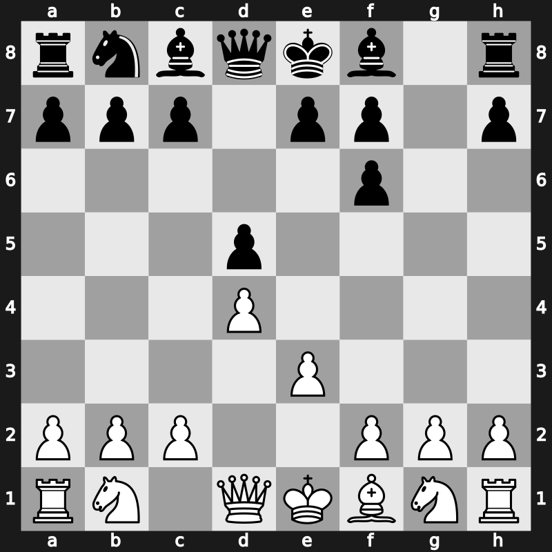 D00j - 2.Bg5 d5 3.Bxf6 gxf6 4.e3 - Trompowsky: [-0.05]