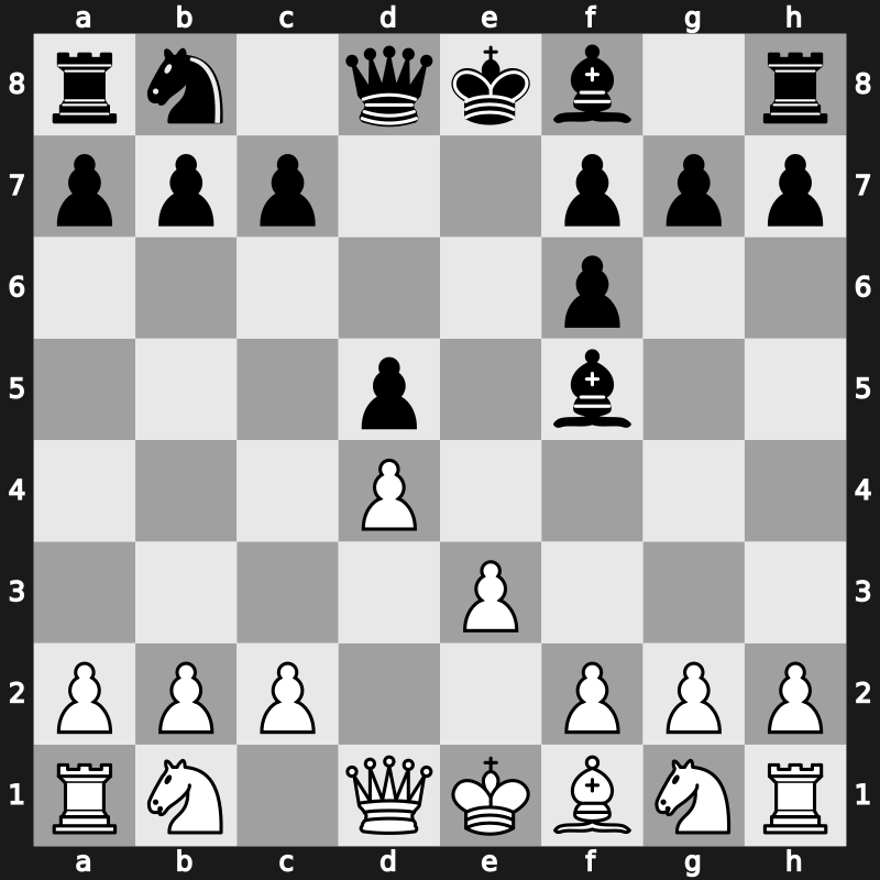 D00k - 2.Bg5 d5 3.Bxf6 exf6 4.e3 Bf5 - Trompowsky: