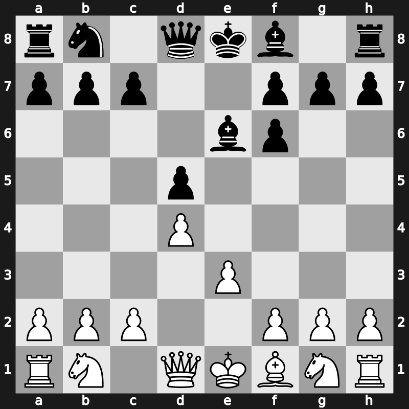 D00k - 2.Bg5 d5 3.Bxf6 exf6 4.e3 Be6 - Trompowsky: [+0.01]