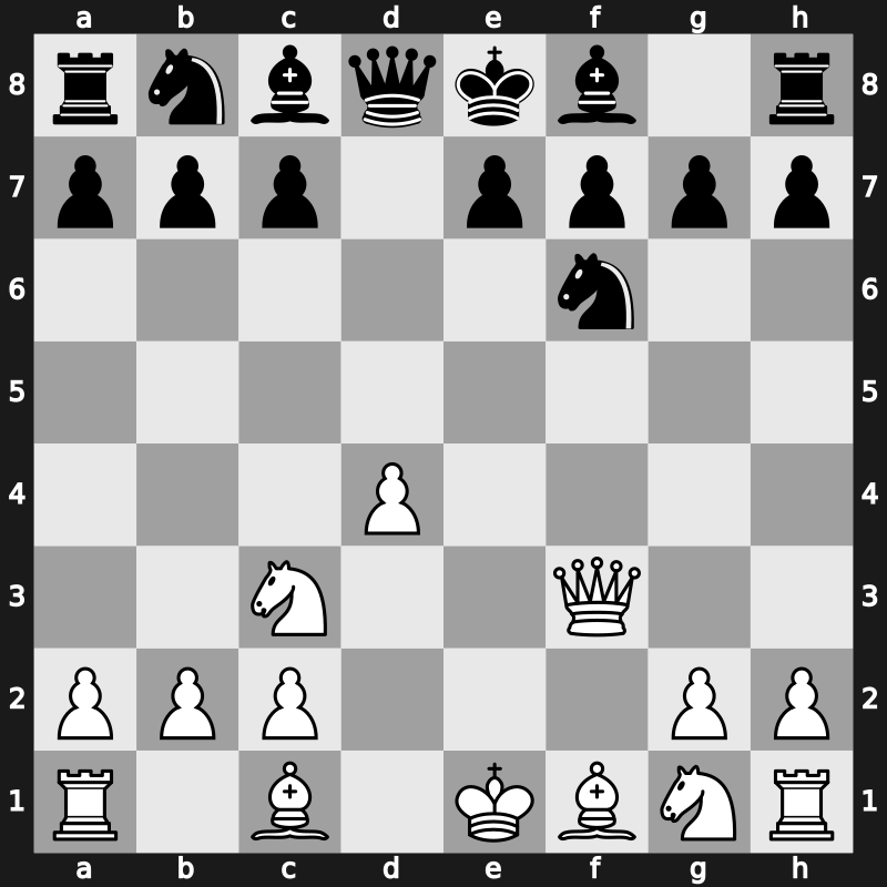 D00v - 2.Nc3 Nf6 3.e4 dxe4 4.f3 exf3 5.Qxf3 - Blackmar-Diemer: Ryder Gambit