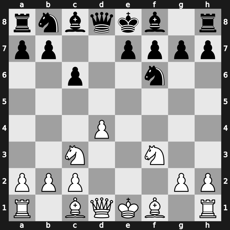 D00w - 2.Nc3 Nf6 3.e4 dxe4 4.f3 exf3 5.Nxf3 c6 - Blackmar-Diemer: Ziegler Defence