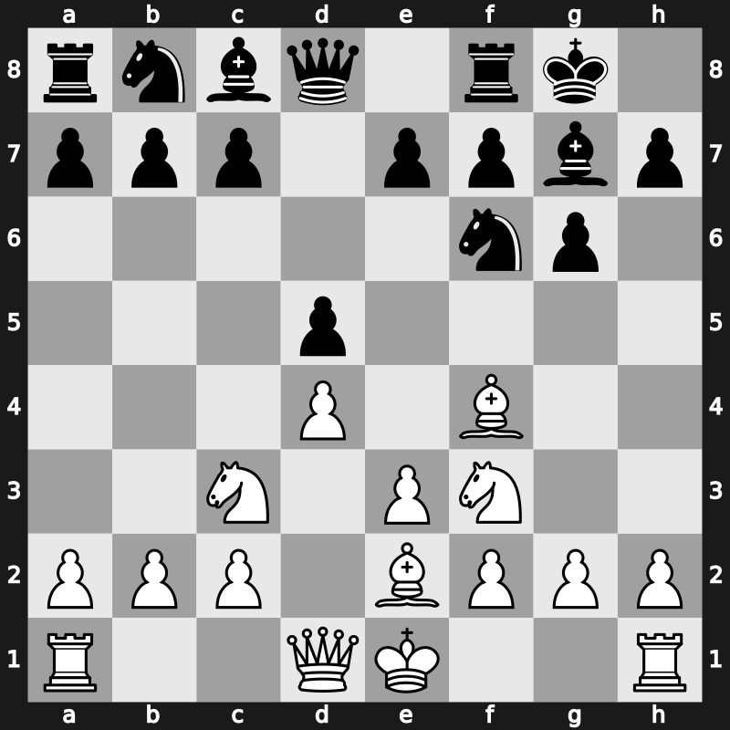 D00r - 2.Nc3 Nf6 3.Nf3 g6 4.Bf4 Bg7 5.e3 O-O 6.Be2 - Anti-King’s Indian Main Line [-0.05]