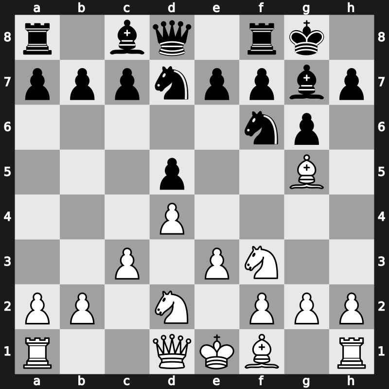 D03q - 3…g6 4.Nbd2 Bg7 5.e3 O-O 6.c3 Nbd7 - Torre Attack: [+0.08]