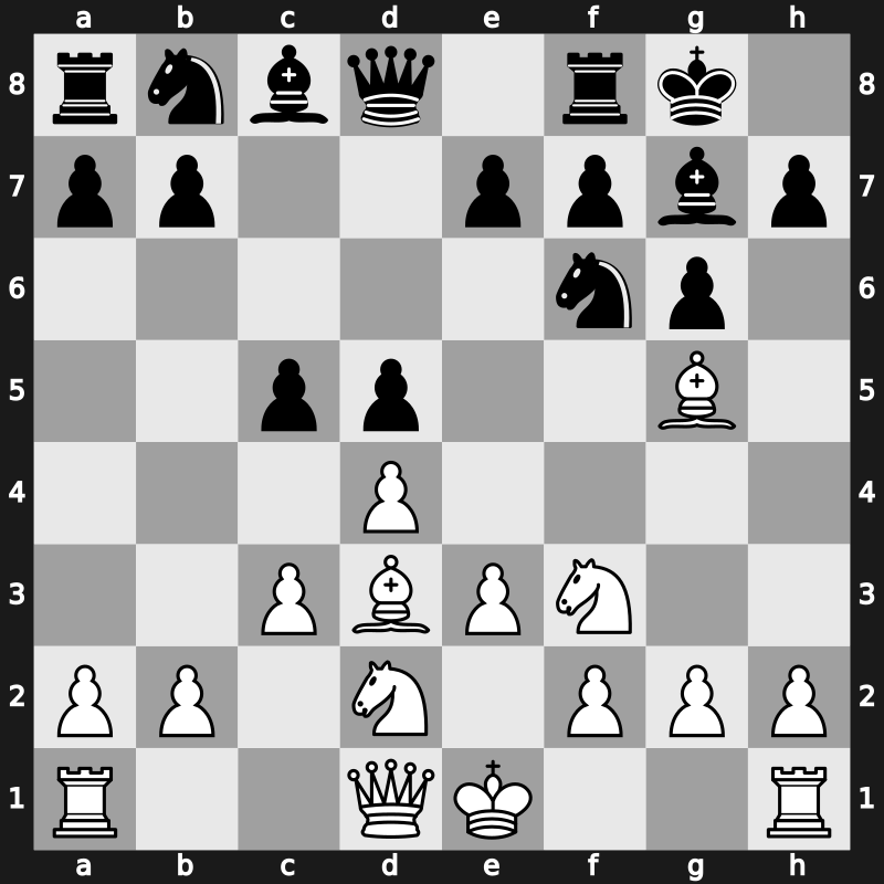 D03t - 3…g6 4.Nbd2 Bg7 5.e3 O-O 6.Bd3 c5 7.c3 - Torre Attack: [+0.13]