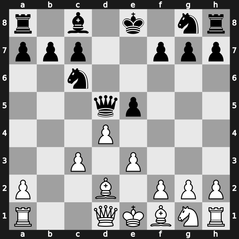 D07d - 3.cxd5 Qxd5 4.e3 e5 5.Nc3 Bb4 6.Bd2 Bxc3 7.bxc3 - Chigorin Main Line [+0.50]