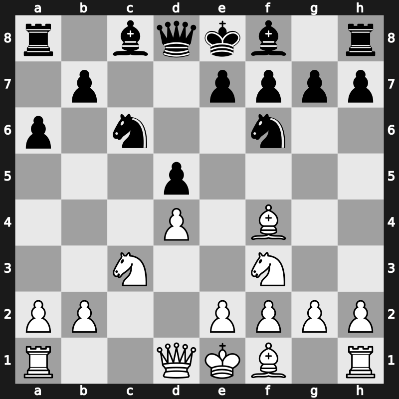 D13l - 4…cxd5 5.Nc3 Nc6 6.Bf4 a6 - Exchange [+0.17]