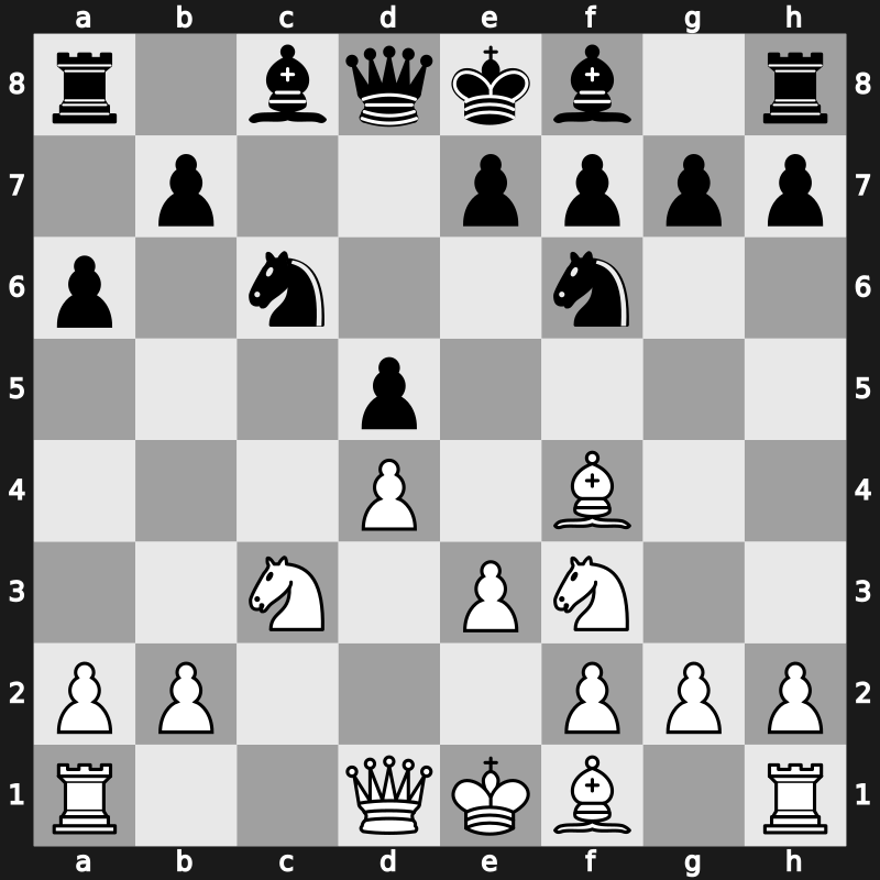 D13m - 4…cxd5 5.Nc3 Nc6 6.Bf4 a6 7.e3 - Exchange