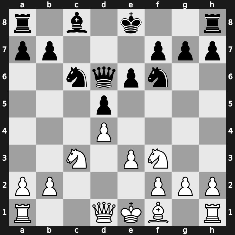 D13t - 4…cxd5 5.Nc3 Nc6 6.Bf4 e6 7.e3 Bd6 8.Bxd6 Qxd6 - Exchange [+0.28]