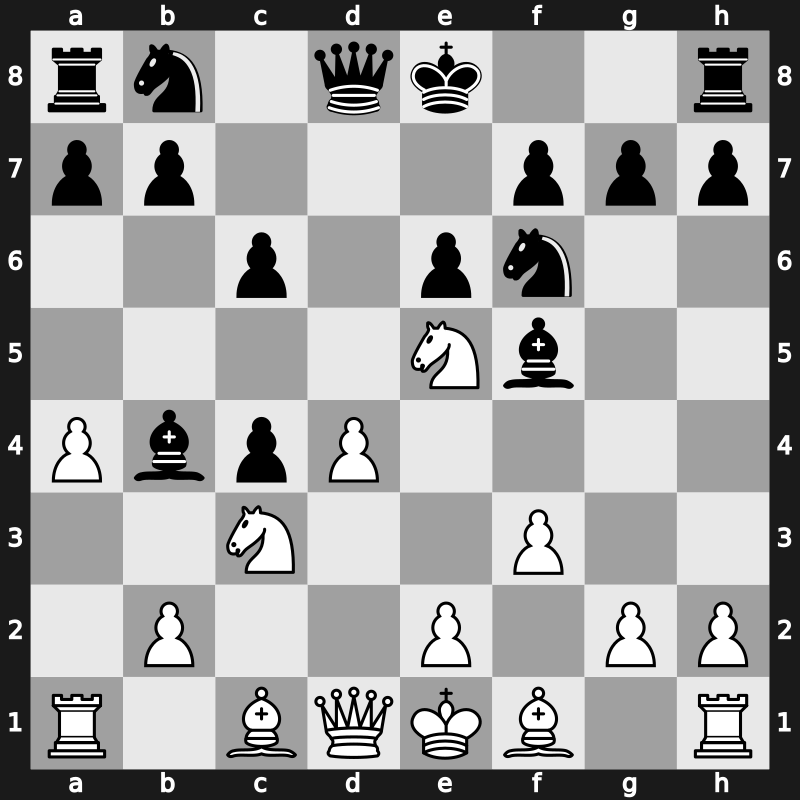 D17m - 6.Ne5 e6 7.f3 Bb4 - Central [+0.65]