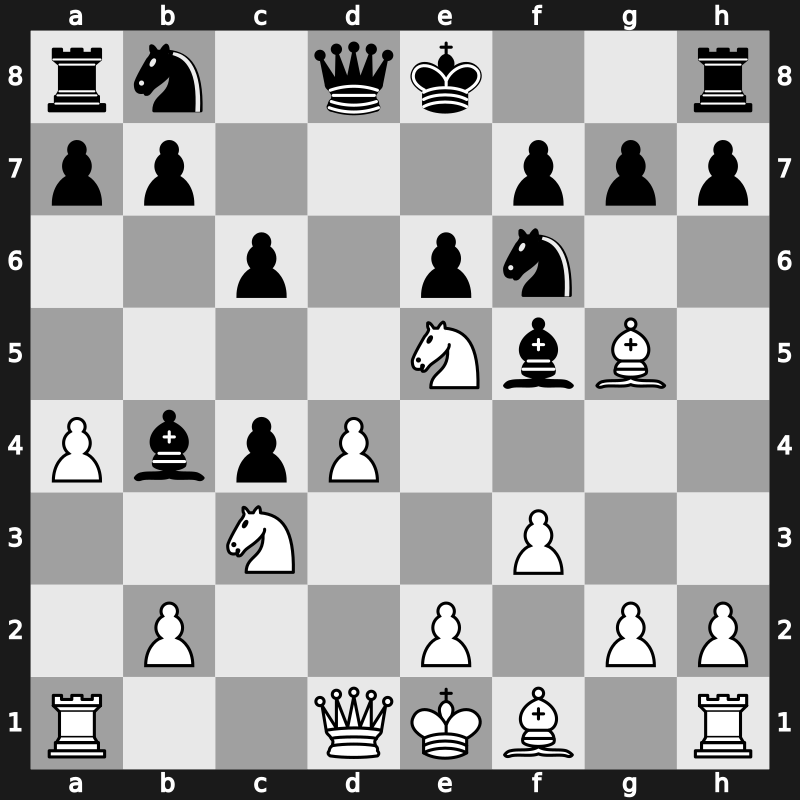 D17m - 6.Ne5 e6 7.f3 Bb4 8.Bg5 - Central [-0.51]