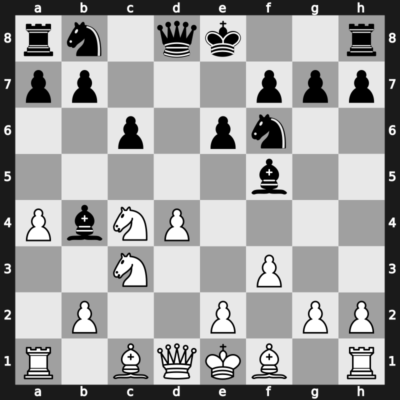 D17n - 6.Ne5 e6 7.f3 Bb4 8.Nxc4 - Central [+0.11]