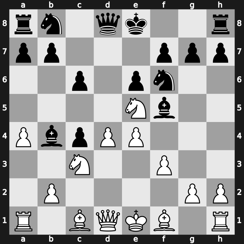 D17o - 6.Ne5 e6 7.f3 Bb4 8.e4 - Central [+0.60]