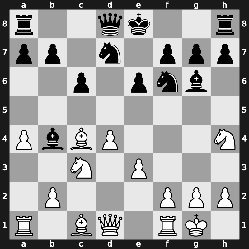 D18h - 6…e6 7.Bxc4 Bb4 8.O-O Nbd7 9.Nh4 Bg6 - Dutch [+0.30]