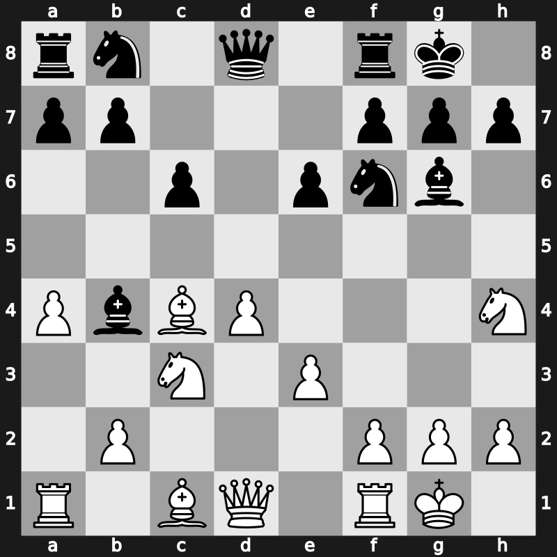 D18p - 6…e6 7.Bxc4 Bb4 8.O-O O-O 9.Nh4 Bg6 - Dutch [+0.35]