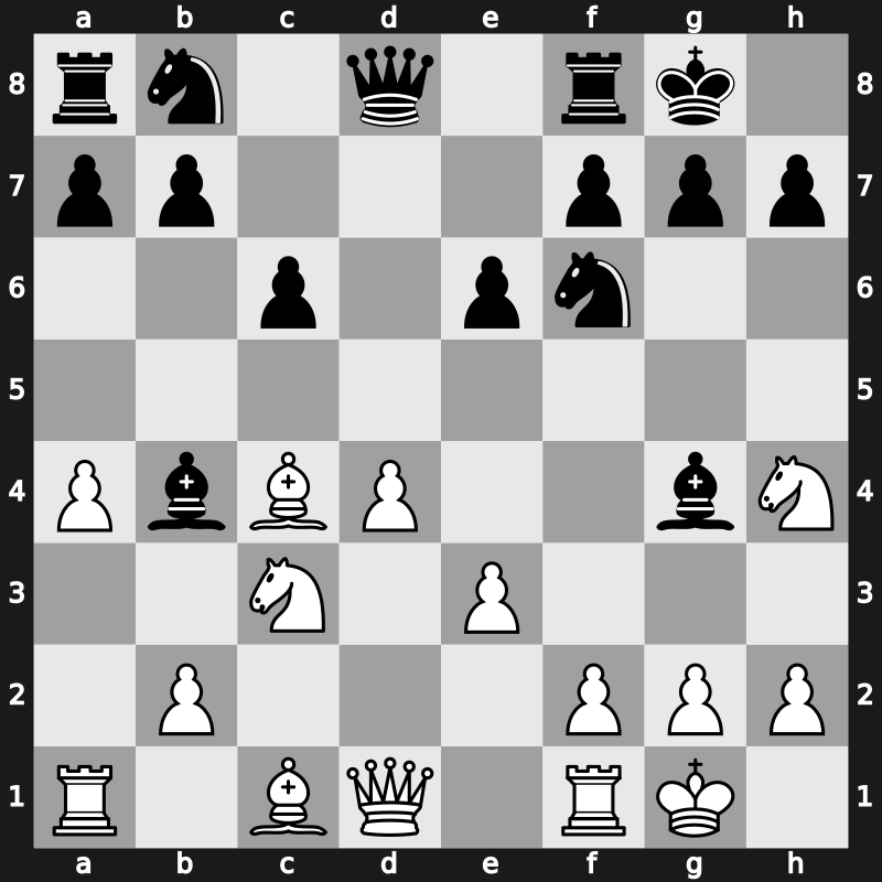 D18q - 6…e6 7.Bxc4 Bb4 8.O-O O-O 9.Nh4 Bg4 - Dutch [+0.47]