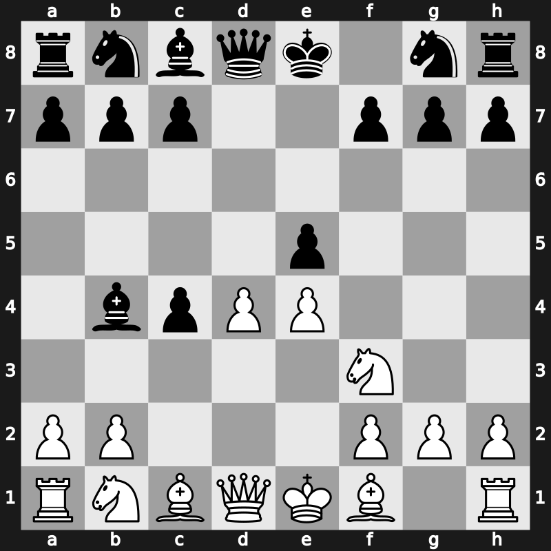 D20w - 3.e4 e5 4.Nf3 Bb4+ - QGA: [+0.38]