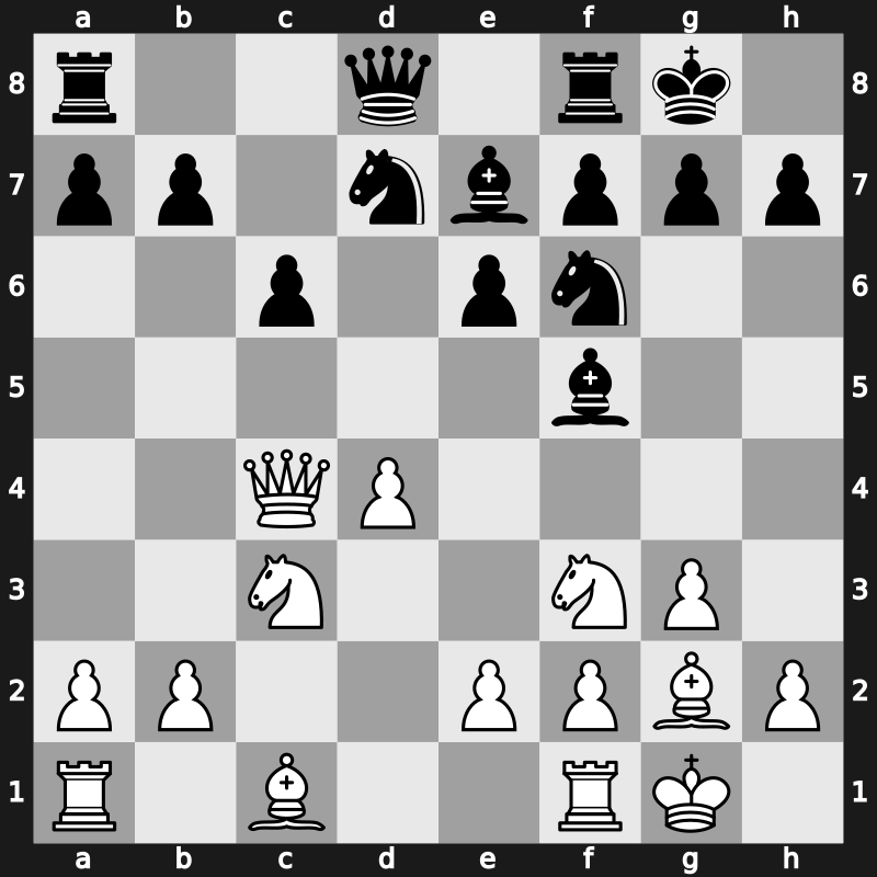 D23p - 4.Qa4+ c6 5.Qxc4 Bf5 6.g3 e6 7.Bg2 Nbd7 8.O-O Be7 9.Nc3 O-O - Mannheim Main Line [+0.10]