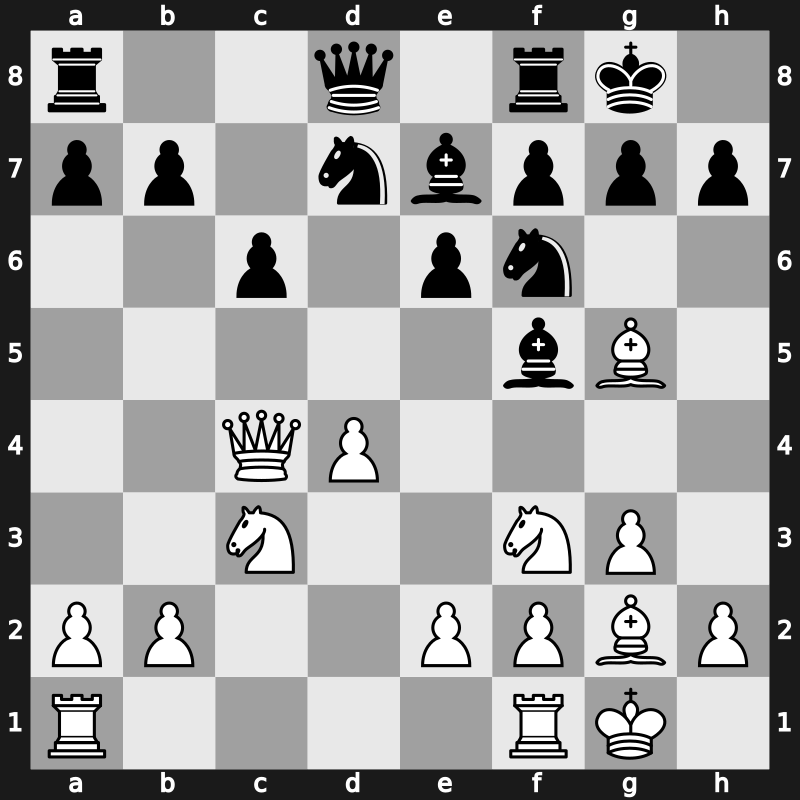 D23q - 4.Qa4+ c6 5.Qxc4 Bf5 6.g3 e6 7.Bg2 Nbd7 8.O-O Be7 9.Nc3 O-O 10.Bg5 - Mannheim Main Line [-0.27]