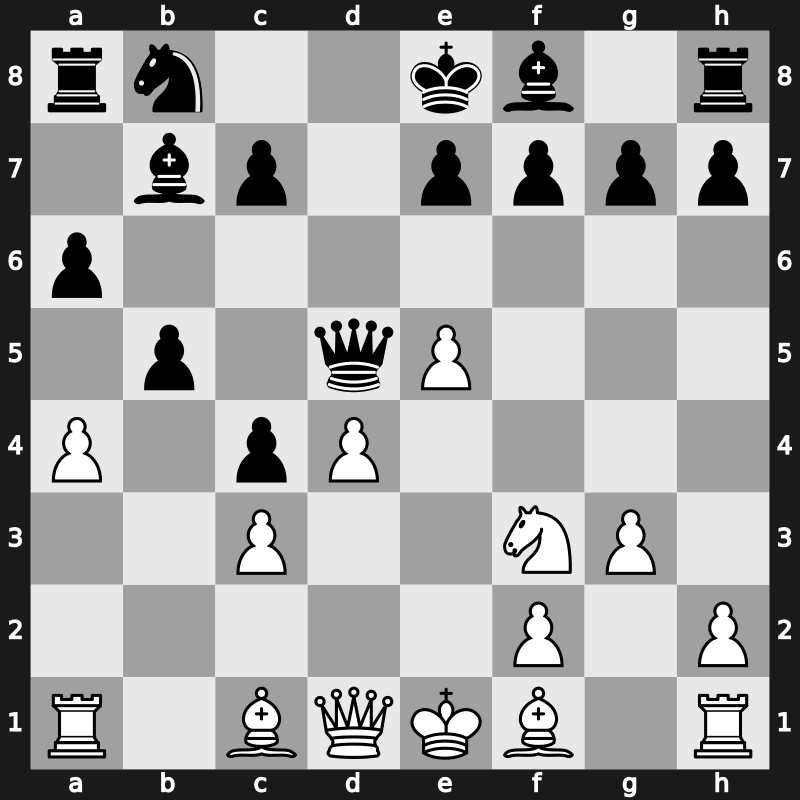 D24t - 4…a6 5.e4 b5 6.e5 Nd5 7.a4 Nxc3 8.bxc3 Qd5 9.g3 Bb7 - Bogoljubow [+0.47]