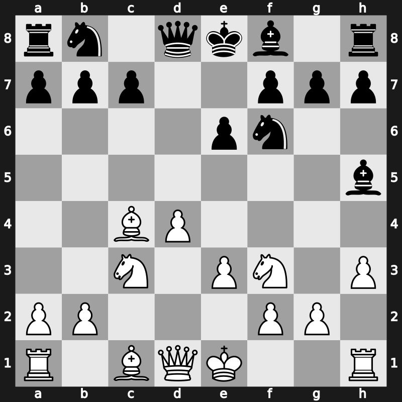 D25m - 4…Bg4 5.Bxc4 e6 6.h3 Bh5 7.Nc3 - Janowski-Larsen [+0.39]