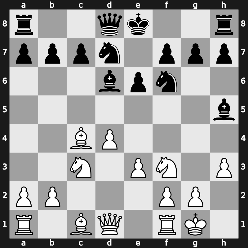 D25r - 4…Bg4 5.Bxc4 e6 6.h3 Bh5 7.Nc3 Nbd7 8.O-O Bd6 - Janowski-Larsen