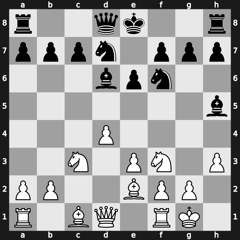 D25r - 4…Bg4 5.Bxc4 e6 6.h3 Bh5 7.Nc3 Nbd7 8.O-O Bd6 9.Be2 - Janowski-Larsen [+0.33]