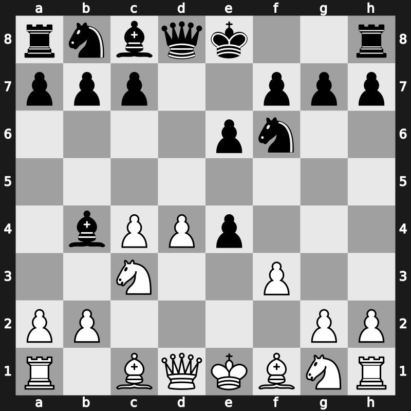 D30b - 3.c4 dxe4 4.Nc3 Nf6 5.f3 Bb4 - Diemer-Duhm Gambit (DDG): Main Line