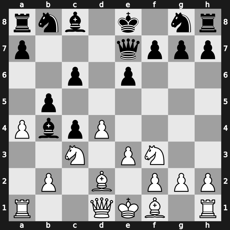 D31s - 3…c6 4.Nf3 dxc4 5.a4 Bb4 6.e3 b5 7.Bd2 Qe7 - Semi-Slav: Noteboom Koomen Variation [+0.49]