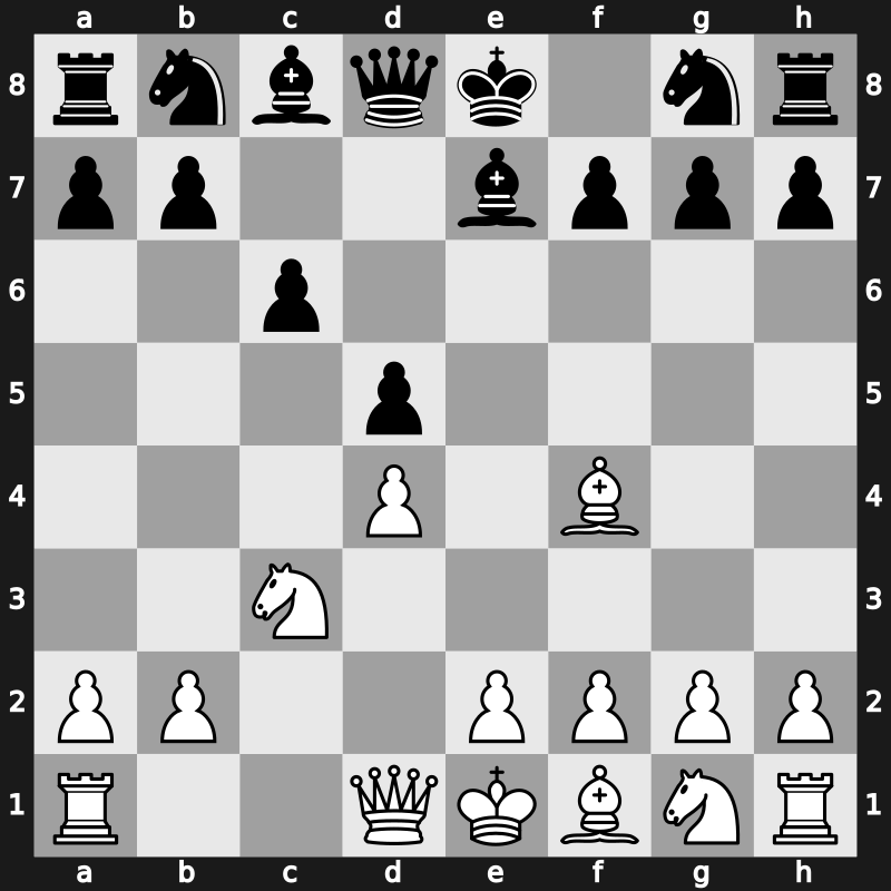 D31f - 3…Be7 4.cxd5 exd5 5.Bf4 c6 - Alatortsev [+0.31]