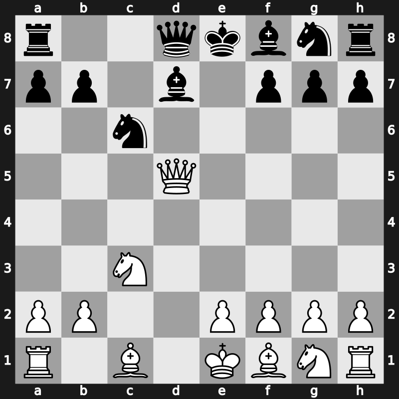 D32f - 4.cxd5 cxd4 5.Qa4+ Bd7 6.Qxd4 exd5 7.Qxd5 Nc6 - von Hennig-Schara Gambit